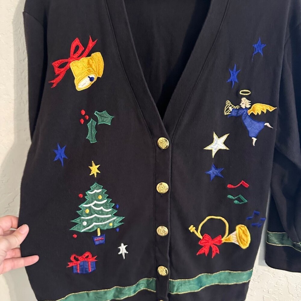 Y Westbound Black Vintage Embroidered Cotton Grandma Angel Christmas Sweater - Picture 4 of 9